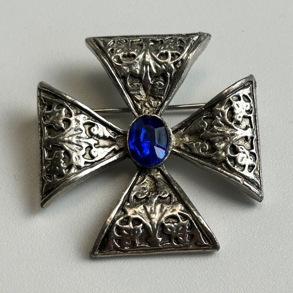 Silver Tone Maltese Cross Brooch Pendant Pin Blue Rhinestone 1.5 Inch Vintage
